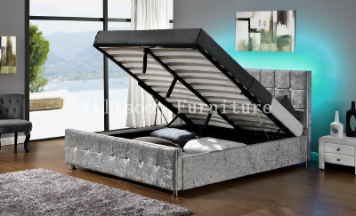 S-shaped Designer LED Double Size Soft PU Faux Leather Storage gas lift Bed 1138-1G, LED Bed, Bedroom Furniture