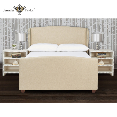 Modern style furniture wholesale latest wooden queen size nailhead lined upholstery beige bed, Wooden Bed,Bedroom Furniture