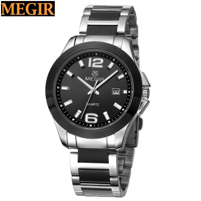 Famous Brand MEGIR Watches Men Sport Quartz-Watch Black Stainless Steel Orologio Date Wrist Watch