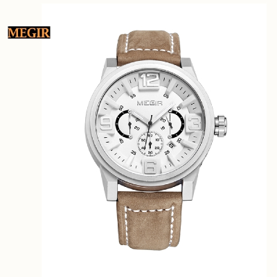 MEGIR new fashion casual quartz watch men large dial waterproof chronograph leather wrist watch 3010