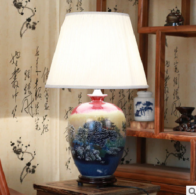 Hand painted energy saving porcelain Lights for ceramic houses with wood base