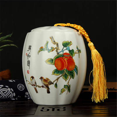 Matt glazed birds and flowers porcelain food storage bamboo canister