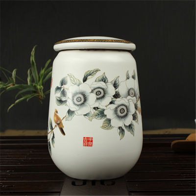 Modern home decor matt white glazed Decal Camellia food storage jarporcelain classic kitchen storage containers