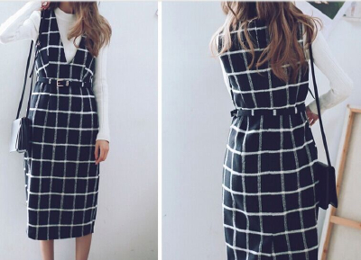 Free shipping knitted strap slim wool plaid sweater dress for women