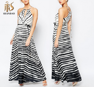 2016 Guangzhou Shandao Supplier New Model Women Summer Cap Sleeve KneeLength Vertical Stripe Cotton Fashion Dress