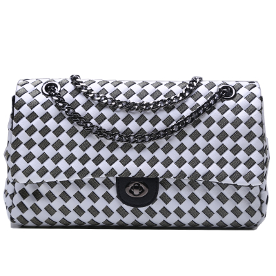  Woven small chain panelled flap women messenger bag with Vintage styleblack and white color